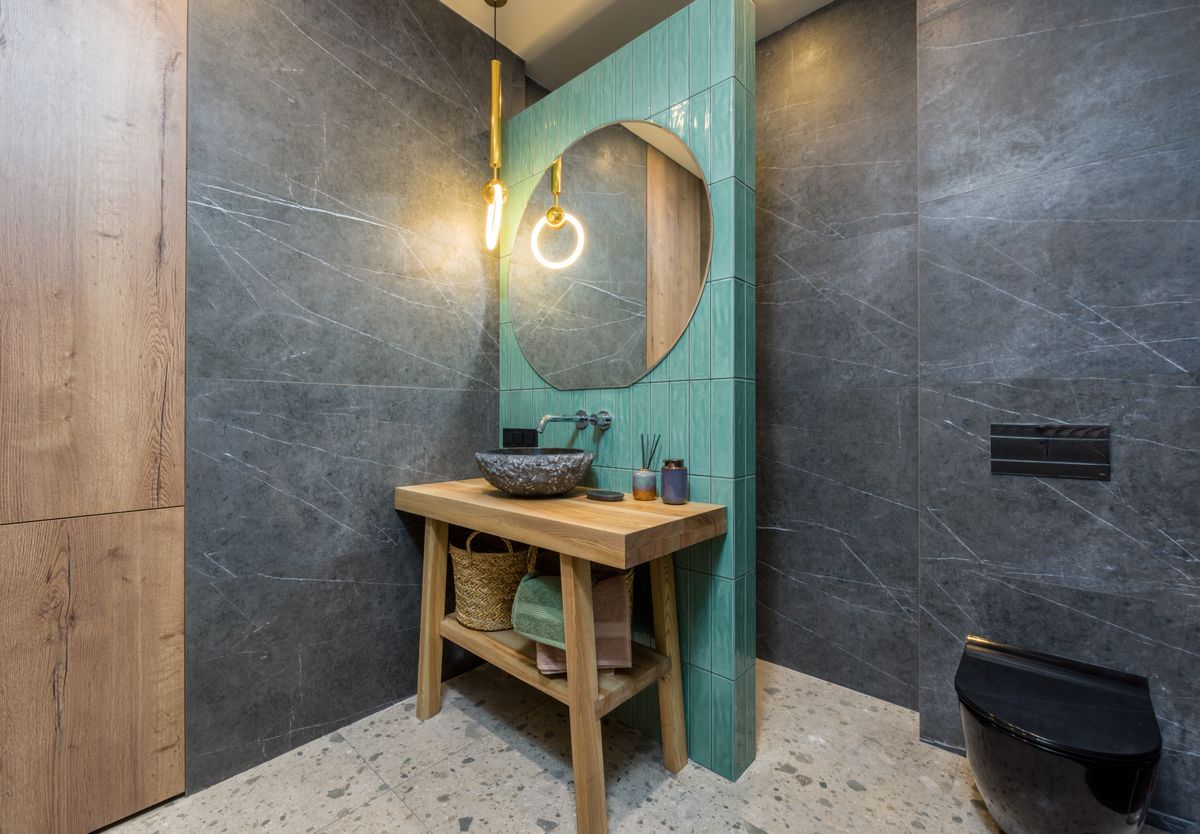 Elegant bathroom with wooden vanity elements